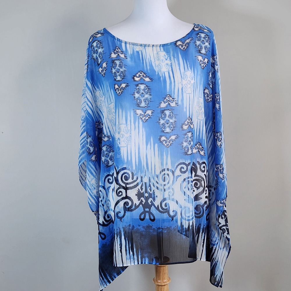 Northern‎ Reflections Kaftan Top Womens L Blue Sheer Ikat Resort Vacation Tunic